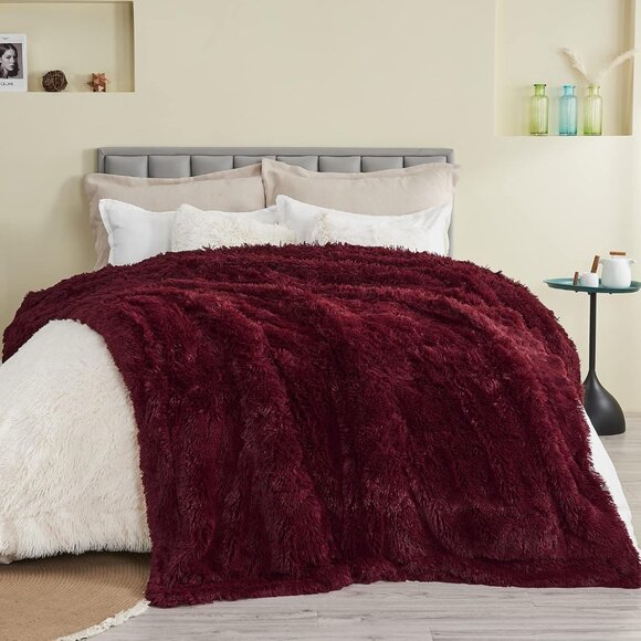 Fuzzy Faux Fur Throw Blanket Wine Red Super Soft Cozy - Picture 2 of 6